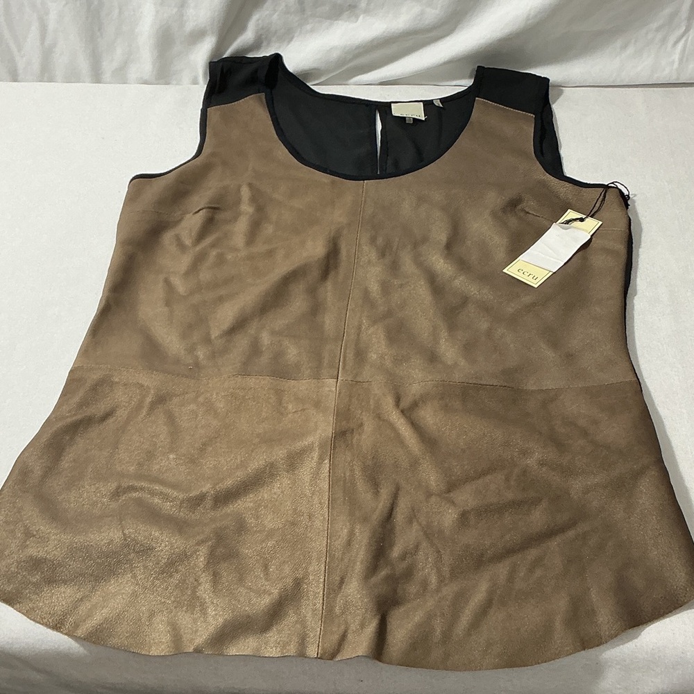 ecru Brown Suede-Effect Sleeveless Top with Black Trim